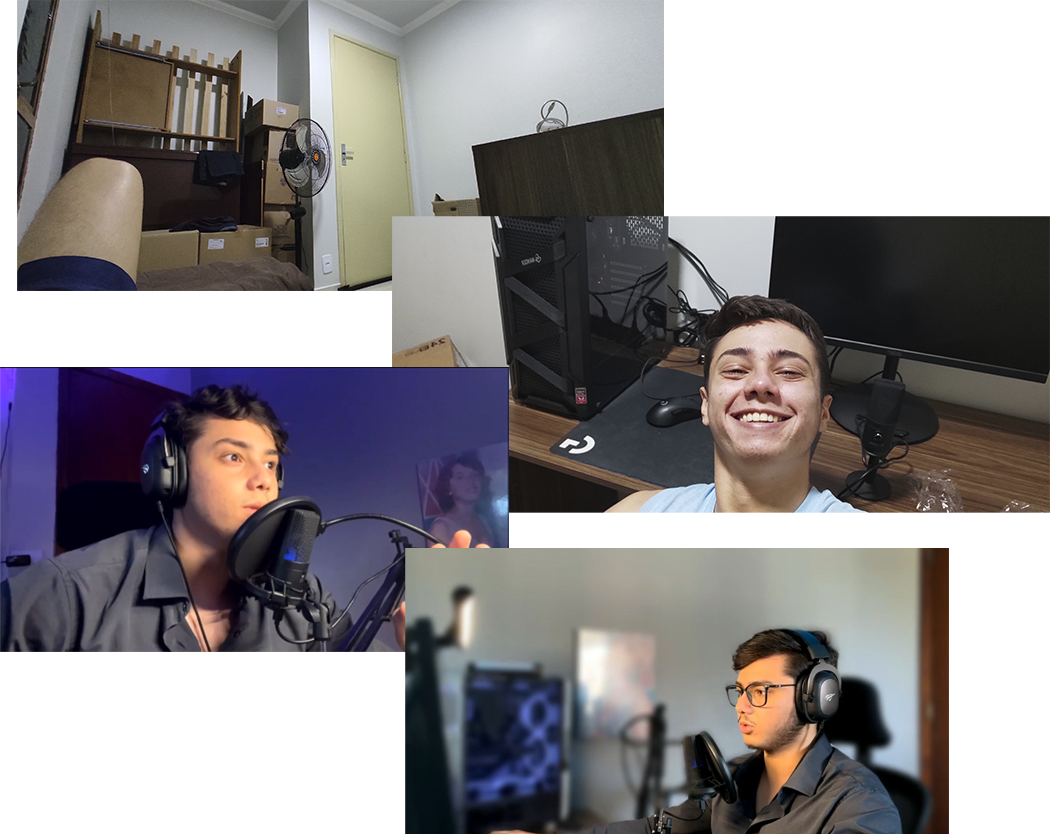 Felipe Fratino antes — quarto improvisado, setup amador
